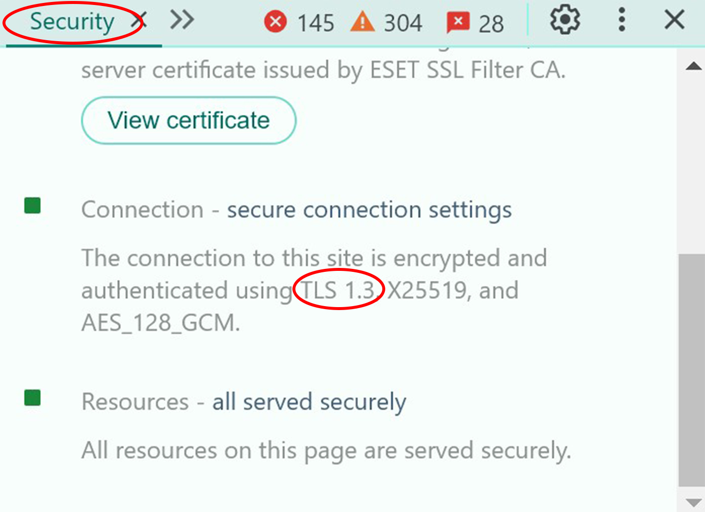 「Security」をクリック、項目内のTLSに関する情報を確認するのイメージ